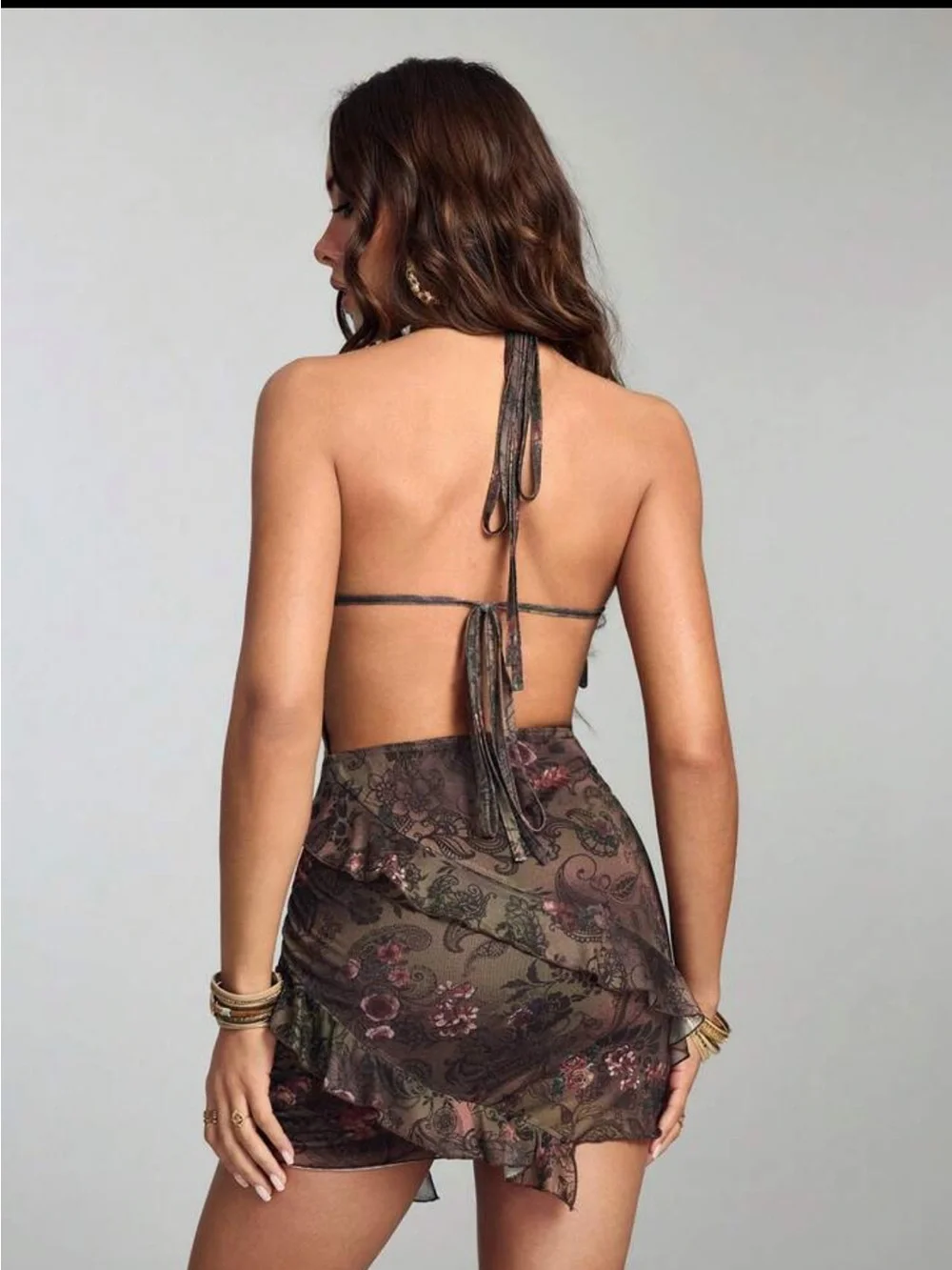 Romwe Brown floral mini dress with ruffle hem and open back - Picture 2 of 5